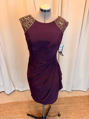 Xscape Plum Embellished Cocktail Dress Size 14 NWT Ruched Sheath Formal